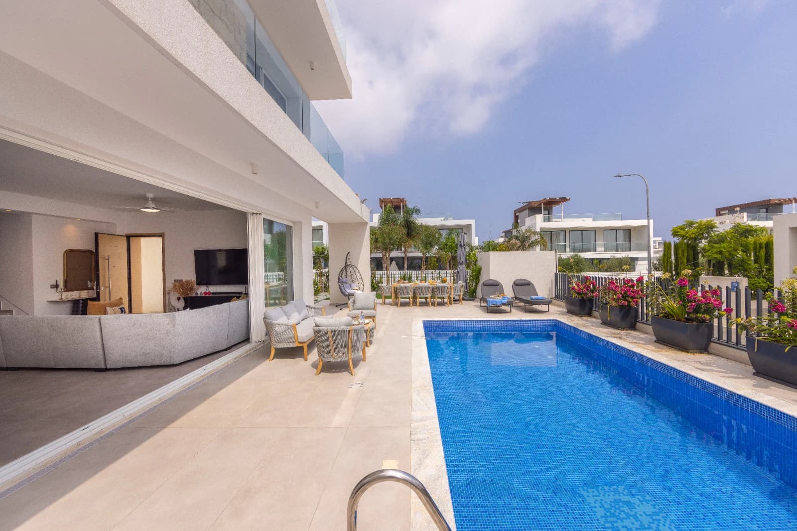 The pool and terrace seen from inside the house.